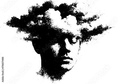 Vintage xerography engraving of a human head with clouds emerging from it, surreal retro illustration, black and white vector isolated