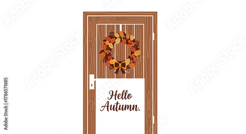 Warm autumn welcome with a festive leaf wreath and a hello autumn sign on a wooden door