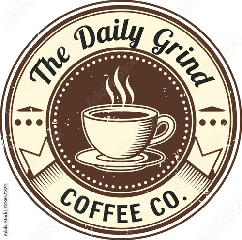 Vintage circular logo for The Daily Grind Coffee Co. with a steaming coffee cup hot beverage