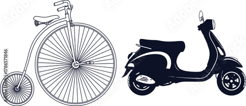 Vintage Penny Farthing Bicycle and Modern Scooter Silhouette Comparison bike velocipede