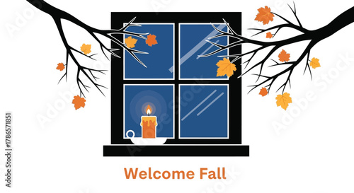 Cozy autumn scene with a lit candle in a window framed by bare branches and falling leaves