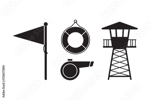 Lifeguard equipment and tower silhouette icons