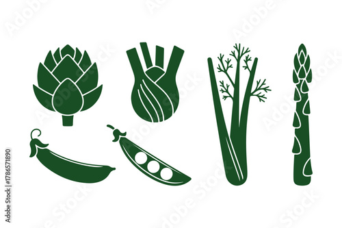 Collection of green vegetables in a stylized illustration