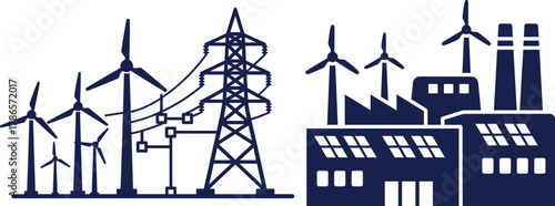 Wind Turbines Power Plant and Industrial Factory Silhouette Icons wind power renewable energy