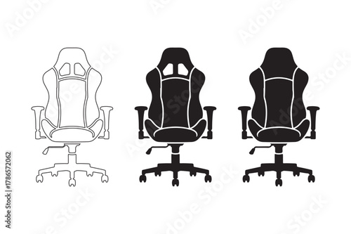 Three gaming chairs in different styles and colors