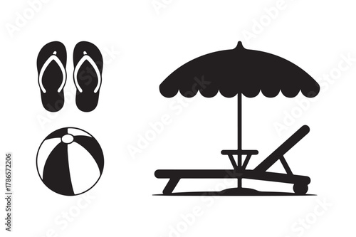 Beach vacation essentials silhouette icons