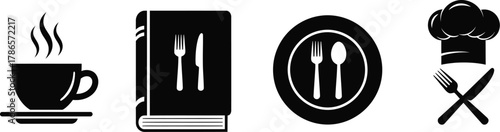 Luxury culinary dining setup with tea, cookbook, and elegant plating vector illustration silhouette icons