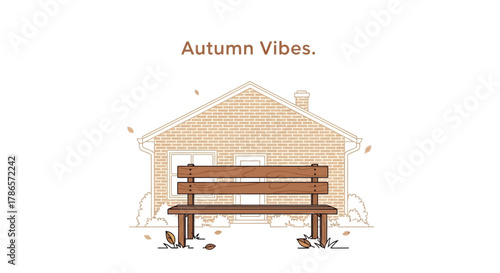 Cozy autumn vibes with a wooden bench in front of a rustic house illustration