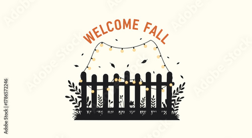 Charming silhouette of a cat behind a wooden fence decorated with fall leaves and string lights welcoming autumn