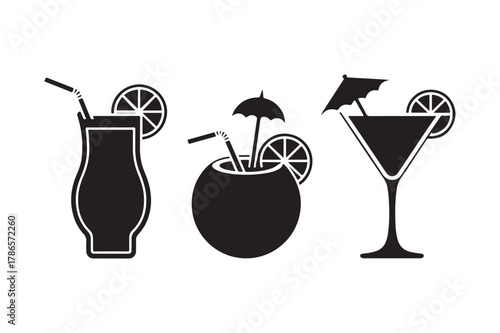 Three silhouetted tropical cocktails with garnishes
