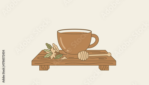 A steaming cup of herbal tea p on a rustic table with loose herbs and a honey dipper nearby evoking warmth and comfort.