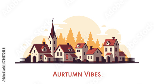 Charming european village scene with autumn trees and steeple in warm golden hues