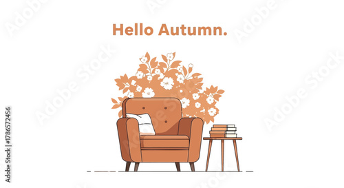 Cozy armchair with books and a cat celebrating the arrival of autumn with warm colors and falling leaves