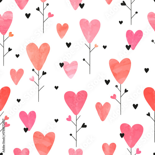 Seamless love pattern with watercolor hearts as flowers