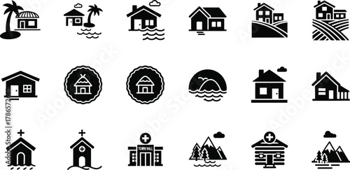 Tropical island house silhouette. Beach resort vacation icon set vector illustration. 