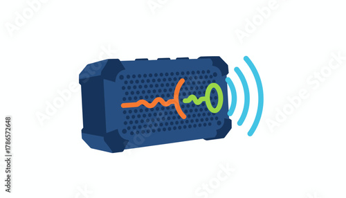 A portable Bluetooth speaker with a rugged exterior emitting colorful sound waves in sync with upbeat music.