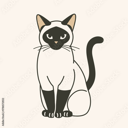 Elegant Siamese Cat Vector Illustration, cat sitting, icon like style, perfect for pet themed designs 