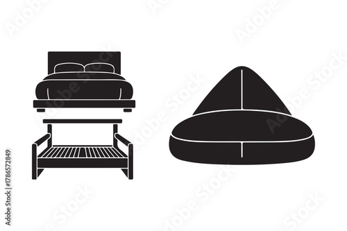 Silhouette of a bed frame and a bean bag chair