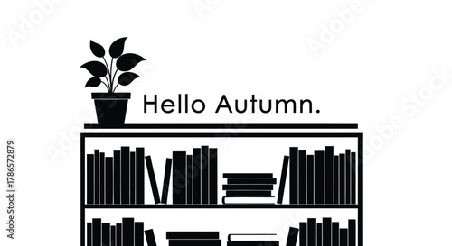 Cozy autumn scene with bookshelf plant and hello autumn text illustration