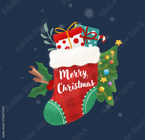 Christmas stocking with tree and gifts