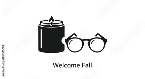 Simple black and white illustration of a lit candle next to eyeglasses with the text welcome fall