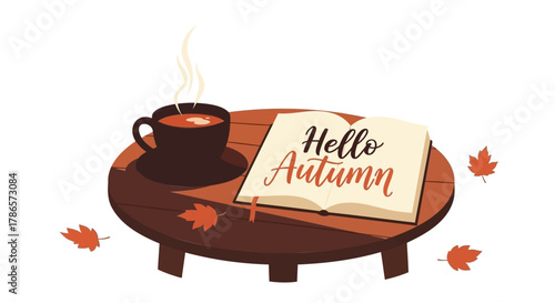 Cozy autumn scene with a steaming cup of coffee next to an open book saying hello autumn surrounded by fallen leaves on a wooden table