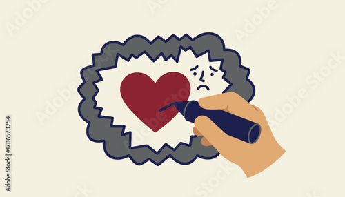 A child draws a picture of a heart surrounded by dark clouds symbolizing the internal struggle caused by online harassment.