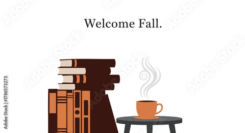 Cozy autumn scene with stack of books and steaming coffee cup on a small table