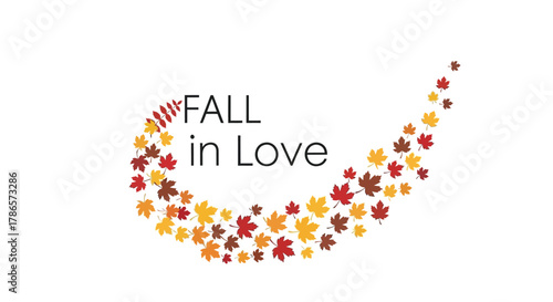 Autumn leaves swirling in a curve with the text fall in love