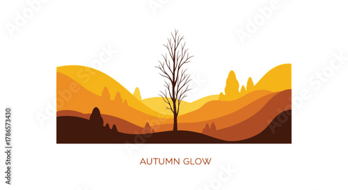 Stylized autumn landscape with a bare tree in the foreground and rolling hills in warm golden hues