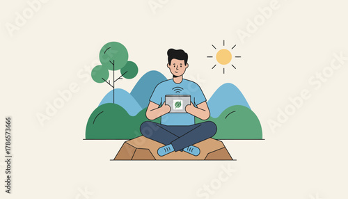 A serene outdoor setting with an individual using a tablet to follow a nature meditation session.