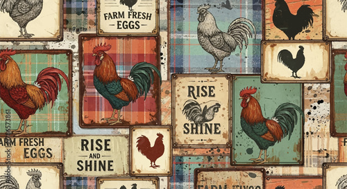 Vintage Farmhouse Rooster Pattern - Rustic Signs, Plaid Texture, and Retro Chickens Background