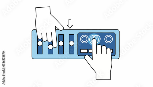 A tutorial image showing hands on various controls demystifying the functions of s sliders and touch sensors on a mixer.