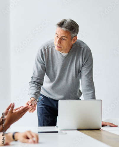 Portrait of a group of business people having a meeting in the office. Teamwork and success concept, portrait of a smart a mid aged businessman