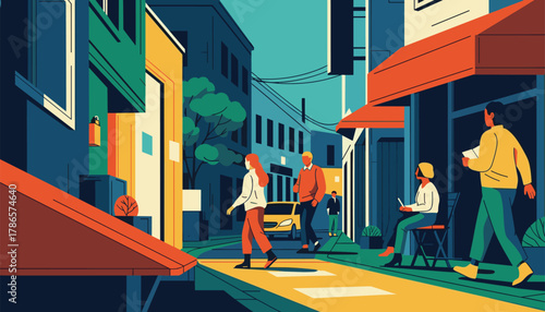 Vibrant city scene with pedestrians enjoying a lively day, perfect for urban living or travel concepts and promoting community engagement