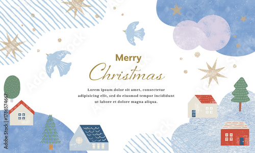 クリスマスのかわいい街の手描きイラスト素材