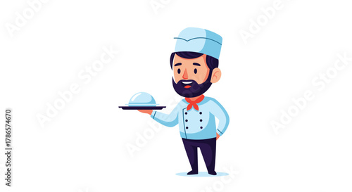 Cheerful cartoon chef proudly presenting a covered dish ready to serve customers in your restaurant or food business promotion