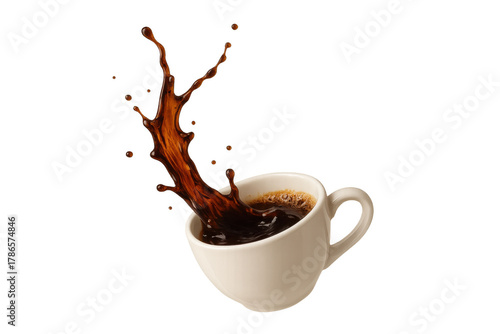 Coffee splashing from a white cup, dynamic movement of dark beverage, transparent background for graphic design