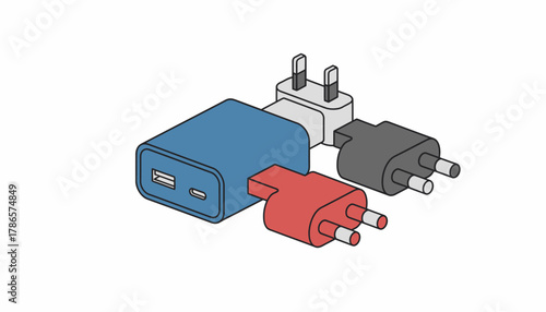 A multifunctional travel adapter with interchangeable plugs for various countries featuring USB ports for easy charging.