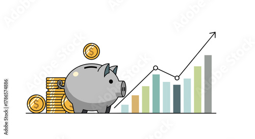 Grow your wealth with smart saving and investing using a piggy bank and investment chart showing positive growth trends now