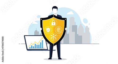 Cybersecurity expert protecting business data with advanced shield technology and online security for growing financial success online