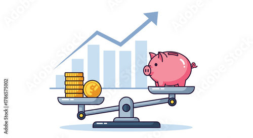Achieve financial goals with savings growth and investment balance, illustrated by a piggy bank on scales with rising chart