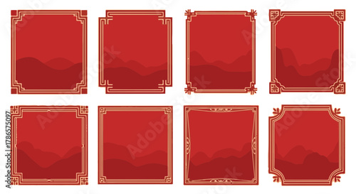 A collection of beautifully designed red and gold ornate frames, offering elegant border to enhance any design or project. The striking graphic represents artistic aesthetic. 