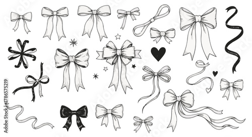A collection of intricate bow illustrations, showcasing various styles and designs. These elegant drawings, ideal for adding a touch of sophistication to any design project.