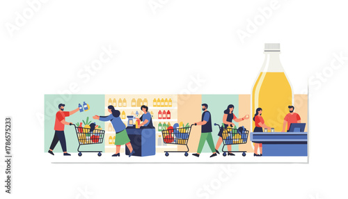 People shopping for groceries in a modern supermarket with vibrant colors and diverse customers buying food and household items for their family