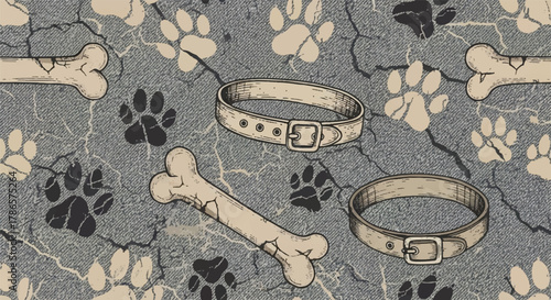 Vintage Grunge Dog Pattern - Retro Paw Prints, Collar, and Bone Sketch Background