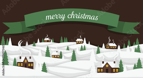 Merry Christmas winter scene with cozy cabins nestled in snow-covered hills, perfect for festive holiday cards and seasonal promotions