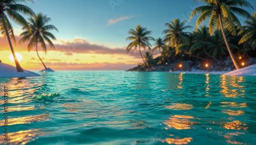 Fototapeta Naklejka Na Ścianę i Meble -   AI-generated image, breathtaking landscape of a tropical beach at sunset with a Bokeh background