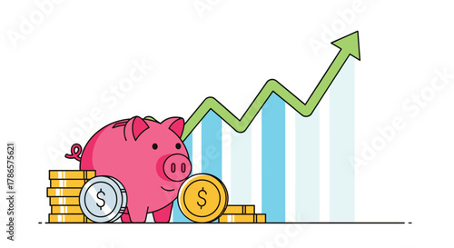 Watch Your Savings Grow Investment opportunities with rising market trend and piggy bank illustrating financial success and positive growth