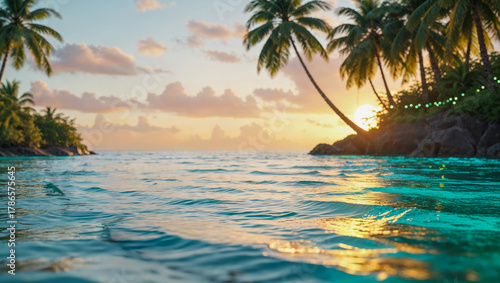 Fototapeta Naklejka Na Ścianę i Meble -   AI-generated image, breathtaking landscape of a tropical beach at sunset with a Bokeh background